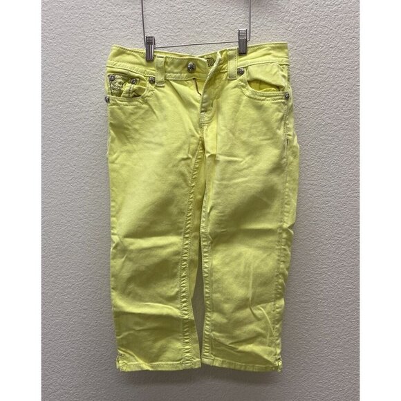 Miss Me Jeans Womens Size 27 Capri Neon Yellow Beaded Embroidered Embellished - Picture 1 of 8